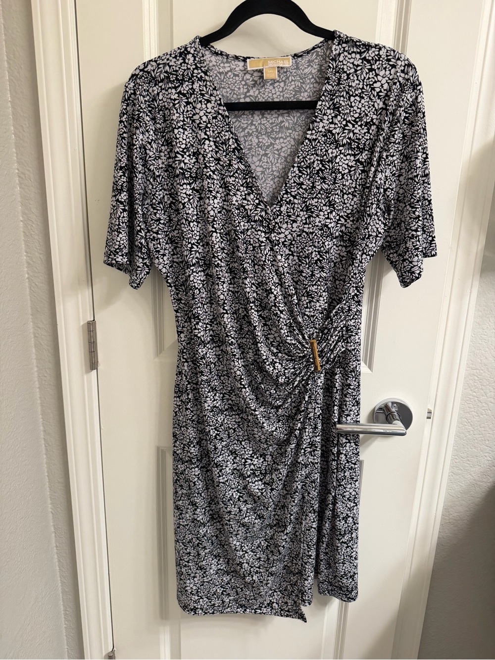 MICHAEL Michael Kors Black and White Floral Faux-Wrap Mini Dress
